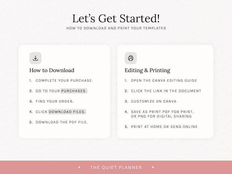 May include: A graphic with instructions on how to download and print templates. The text reads "Let's Get Started!" and includes steps for downloading and editing, with the phrase "The Quiet Planner" at the bottom.