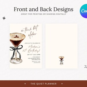 May include: A two-sided invitation design with a cocktail illustration. The front features a martini with a black bow and text that reads "a tini bit older" and "Madison's 25th Birthday!" The back has a smaller cocktail image.