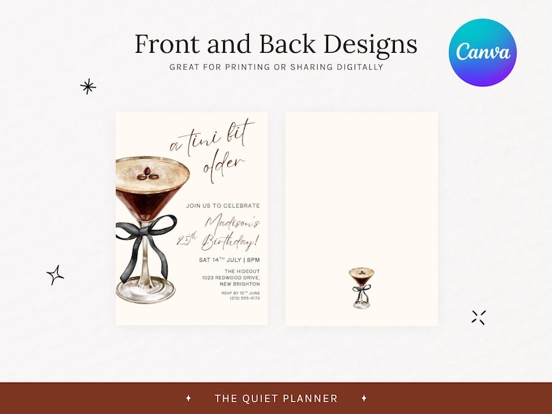 May include: A two-sided invitation design with a cocktail illustration. The front features a martini with a black bow and text that reads "a tini bit older" and "Madison's 25th Birthday!" The back has a smaller cocktail image.