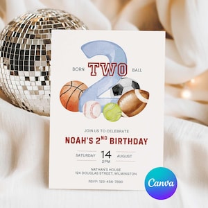 May include: A birthday invitation with a watercolor design. The invitation features a large number 2 with sports balls, including a basketball, soccer ball, baseball, tennis ball, and football. The text reads "Born Two Ball" and "Noah's 2nd Birthday".
