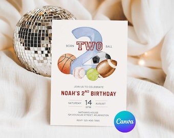 Invitación editable para fiesta de cumpleaños de Born 2 Ball, plantilla para segundo cumpleaños de Let's Have a Ball Sports, invitación imprimible de Born 2 Ball, edita en Canva
