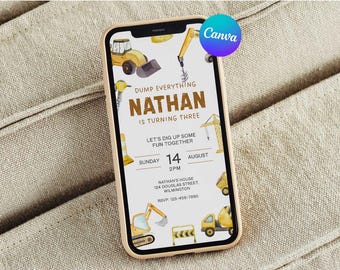 Könnte beinhalten: Ein Smartphone zeigt eine Geburtstagseinladung mit Baustellen-Motiven. Die Einladung trägt den Namen "Nathan" und den Text "wird drei". Sie enthält Bauwagen und das Datum 14. August.