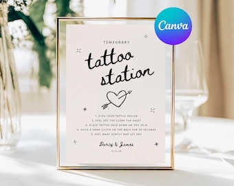 Signe de mariage de station de tatouage, signe de faveur de station de tatouage temporaire personnalisé, signe de barre de tatouage de mariage moderne lunatique, toile modifiable 5 x 7, 8 x 10