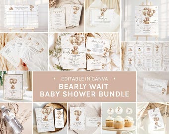 Gender Neutral We Can Bearly Wait Boho Teddy Bear Baby Shower Bundle: Invitation, Signs, Games Templates