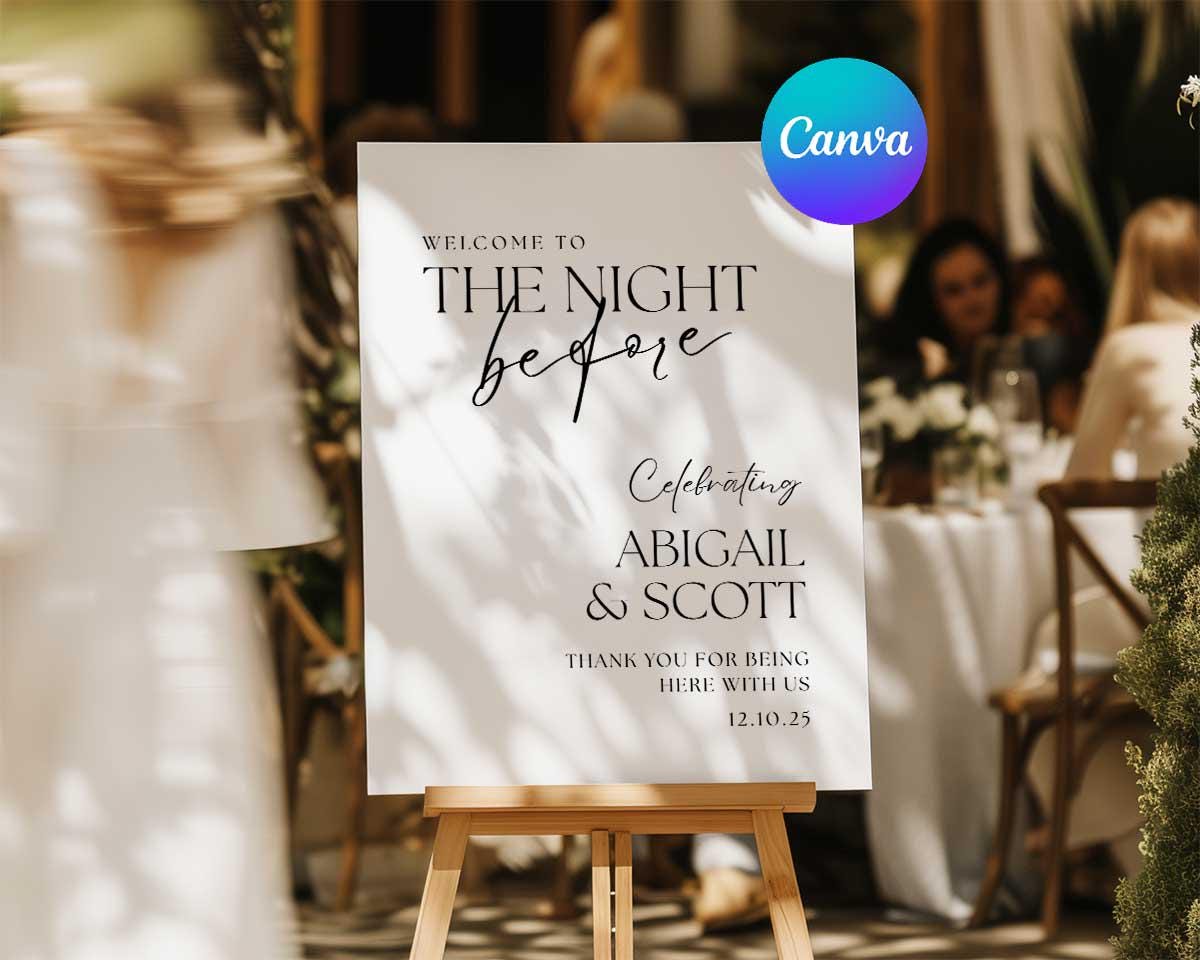 The Night Before Welcome Sign, Editable Rehearsal Dinner Sign Template, Modern Minimalist Wedding Rehearsal Welcome Sign, Editable in Canva