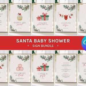 Pode incluir: Um conjunto de sinais emoldurados com tema de Natal, projetados para um Santa Baby Shower. Cada sinal apresenta ilustra&ccedil;&otilde;es festivas e texto como "Late Night Diapers", "Babies are Sweet" e "Favors". Os sinais s&atilde;o decorados com vegeta&ccedil;&atilde;o e detalhes em vermelho.
