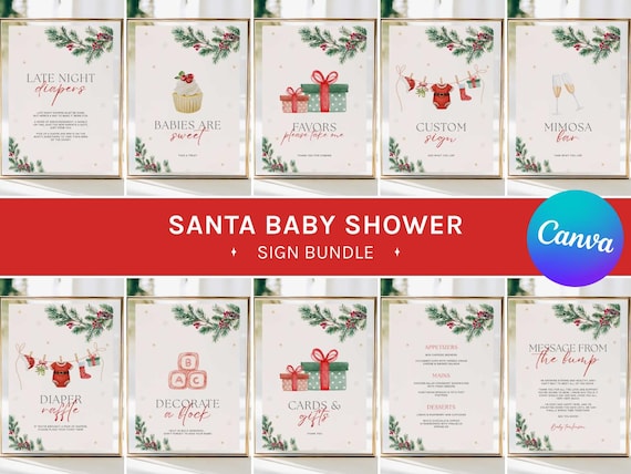 Christmas Holiday Baby Shower Signs Bundle, Printable Winter Santa Theme Sign Templates, Editable in Canva (Digital Download)