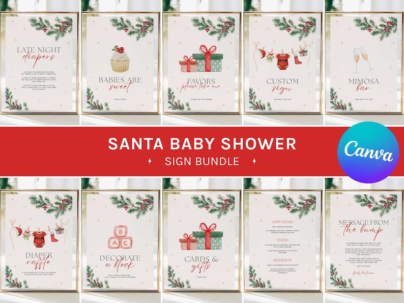 Pode incluir: Um conjunto de sinais emoldurados com tema de Natal, projetados para um Santa Baby Shower. Cada sinal apresenta ilustra&ccedil;&otilde;es festivas e texto como "Late Night Diapers", "Babies are Sweet" e "Favors". Os sinais s&atilde;o decorados com vegeta&ccedil;&atilde;o e detalhes em vermelho.