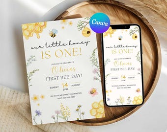 First Bee Day Birthday Invitation Printable, Little Honey 1st Birthday Invite Editable Canva Template