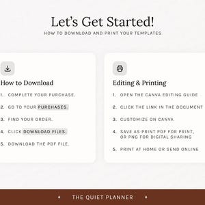 Pode incluir: Um guia digital intitulado "Let's Get Started!" com instru&ccedil;&otilde;es sobre como baixar e imprimir modelos. O guia &eacute; dividido em duas se&ccedil;&otilde;es: "How to Download" e "Editing & Printing", com etapas numeradas para cada processo. The Quiet Planner est&aacute; na parte inferior.