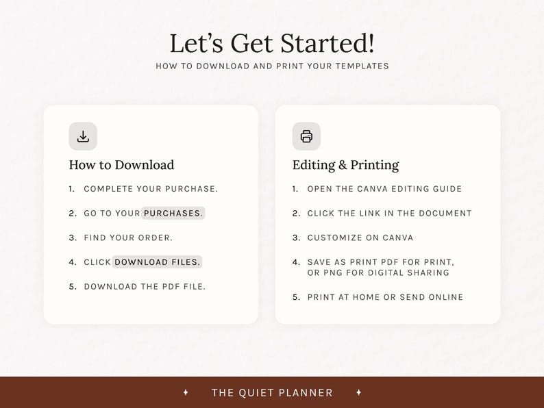 Pode incluir: Um guia digital intitulado "Let's Get Started!" com instru&ccedil;&otilde;es sobre como baixar e imprimir modelos. O guia &eacute; dividido em duas se&ccedil;&otilde;es: "How to Download" e "Editing & Printing", com etapas numeradas para cada processo. The Quiet Planner est&aacute; na parte inferior.