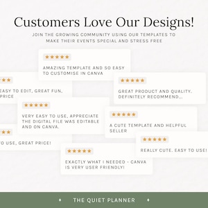 Op de afbeelding: Afbeelding met klantbeoordelingen voor digitale sjablonen. De tekst luidt "Customers Love Our Designs!" en bevat zinnen als "Geweldige sjabloon", "Makkelijk te gebruiken" en "Geweldig product". Het logo van The Quiet Planner staat onderaan.