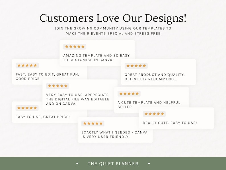 Op de afbeelding: Afbeelding met klantbeoordelingen voor digitale sjablonen. De tekst luidt "Customers Love Our Designs!" en bevat zinnen als "Geweldige sjabloon", "Makkelijk te gebruiken" en "Geweldig product". Het logo van The Quiet Planner staat onderaan.