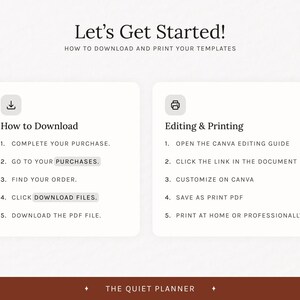 May include: An instructional graphic with the text "Let's Get Started!" and instructions on how to download and print templates. The steps are listed in a clear, concise manner, with a neutral color palette.