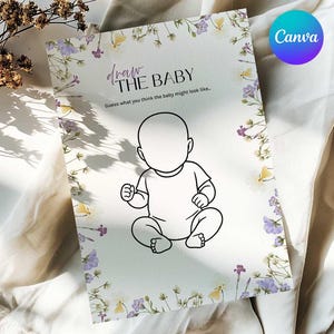 Babyshower Draw the Baby Game Card, Guess the Baby-spel, babyshowerspel wilde bloemen, bloemensjabloon babyshowerideeën, bewerken in canva