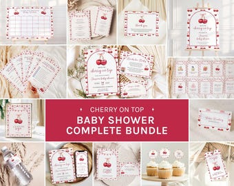 Cherry on Top Baby Shower Bundle, Coquette Pink Bow Theme, Berry Baby Shower Invite, Games and Signs, Editable in Canva