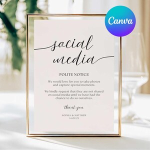 May include: A framed sign with the words "social media" in elegant script. The sign includes a polite notice requesting guests not to share photos on social media. The sign is in a gold frame.
