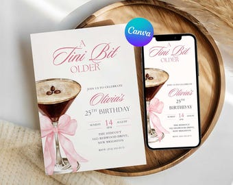 Convite para festa "Tini Bit Older", modelo imprimível com tema de Espresso Martini, editável no Canva.