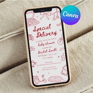 Könnte beinhalten: Ein Smartphone zeigt eine Babyparty-Einladung mit rotem Text und Illustrationen auf weißem Hintergrund. Die Einladung lautet "Special Delivery" und enthält Details für Rachel Smiths Babyparty, einschließlich Datum, Uhrzeit und Ort.
