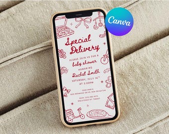 Special Delivery Baby Shower Electronic Mobile Invite, Italian Pizza Special Delivery Theme, Editable in Canva (Digital Download)