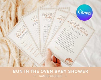 Zestaw gier na baby shower „Bułka w piekarniku”, szablony tematyczne z motywem cynamonowych bułeczek w piekarni, gry do druku, edytowalne w Canva