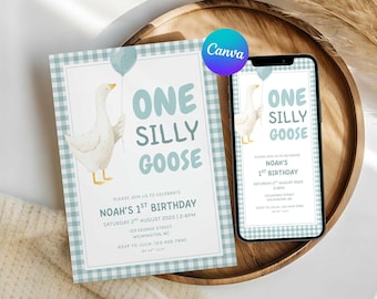One Silly Goose verjaardagsuitnodiging afdrukbare, Blue Silly Goose 1e feestvarken uitnodigen, bewerkbare canvassjabloon