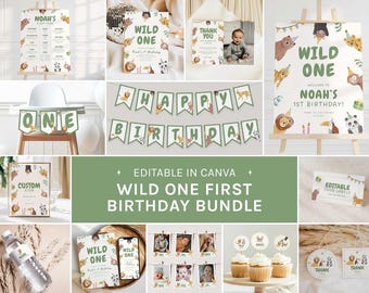 Wild One 1st Birthday Bundle, Invite, Safari 1st Birthday, Jungle Party Decorations, Editable in Canva