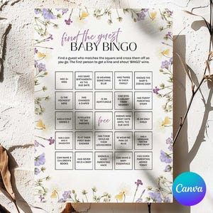 Bingo Trova l'ospite, Bingo per baby shower, Bingo per bambini, Gioco del baby shower con i fiori, Idee per baby shower, Trova le carte degli ospiti, Modifica su Canva