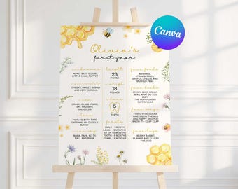 First Bee Day Birthday Milestone Sign, Bee Little Honey Birthday Milestone Poster Canva Template