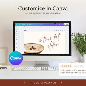 May include: A computer monitor displays a Canva template with the text "a tini bit older" and a coffee design. The screen is on a white desk with a keyboard, a small frame, and a plant. The Canva logo is visible.