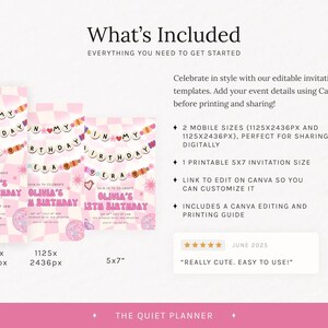 May include: Pink birthday invitation templates with the text "IN MY BIRTHDAY ERA" and "OLIVIA'S 12TH BIRTHDAY". Includes two mobile sizes and a 5x7 inch printable size. The text "REALLY CUTE. EASY TO USE!" is also visible.