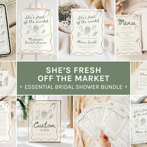 以下が含まれることがあります： 「She's fresh off the market」のテキストと植物のデザインが施された、結婚式用の文房具のコレクション。招待状、メニュー、カスタムサイン、ブライダルビンゴゲームが含まれています。配色はクリーム色とセージグリーンです。