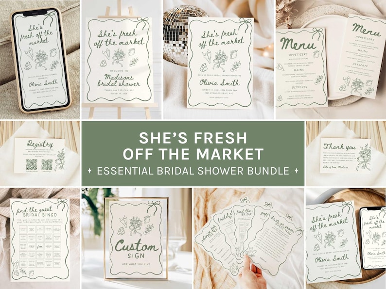 May include: A collection of wedding stationery items with a botanical design and the text "She's fresh off the market." Includes invitations, menus, a custom sign, and a bridal bingo game. The color scheme is cream and sage green.