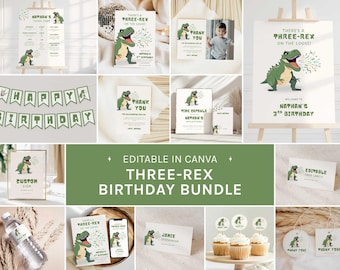 Three Rex 3rd Birthday Bundle, Dinosaur 3rd Birthday Party Invite Bundle, Editable in Canva