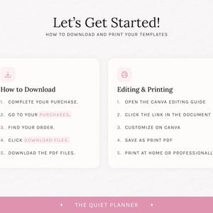 Puede incluir: Gr&aacute;fico rosa y blanco con instrucciones sobre c&oacute;mo descargar e imprimir plantillas. El texto dice "Let's Get Started!" e incluye pasos para descargar y editar, con las palabras "How to Download" y "Editing & Printing".