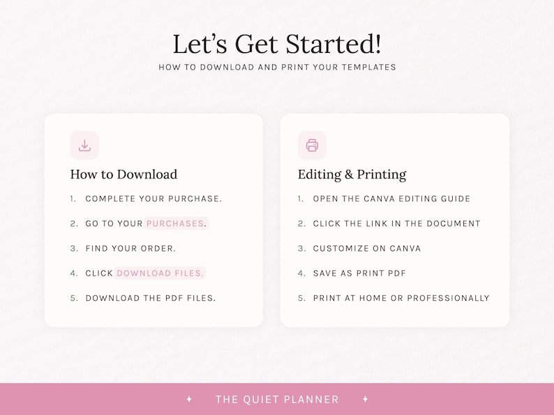 Puede incluir: Gr&aacute;fico rosa y blanco con instrucciones sobre c&oacute;mo descargar e imprimir plantillas. El texto dice "Let's Get Started!" e incluye pasos para descargar y editar, con las palabras "How to Download" y "Editing & Printing".
