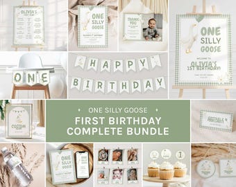 One Silly Goose 1st Birthday Bundle, Sage Silly Goose 1st Birthday, Gender Neutral Party Decoration Bundle, Editable in Canva