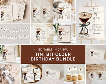 Pacote de modelos de aniversário Tini Biter Older, pacote de decoração para festa com Espresso Martini, editável no Canva