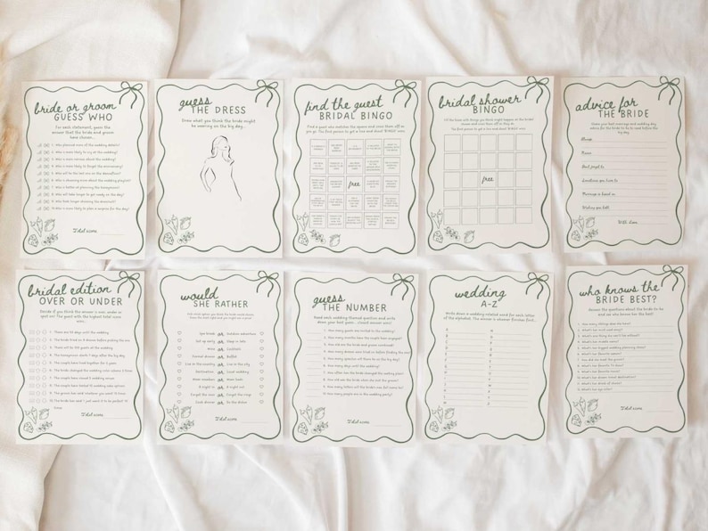 Op de afbeelding: Een verzameling van tien witte kaarten met groene decoratieve randen en tekst voor een bruidsdouche. De kaarten bevatten spellen zoals "Raad eens wie", "Bruidsbingo" en "Advies voor de bruid". Elke kaart heeft een uniek ontwerp en lay-out.