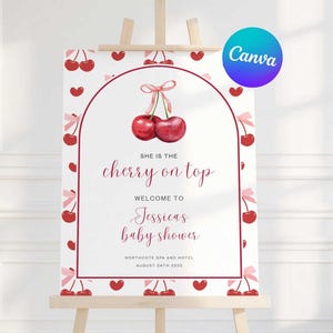 Cherry on Top Baby Shower Welcome Sign, Editable Coquette Pink Bow Entrance Sign Template, Editable in Canva