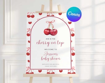 Cherry on Top Baby Shower Welcome Sign, Editable Coquette Pink Bow Entrance Sign Template, Editable in Canva