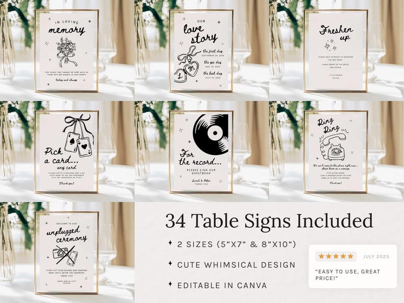 May include: A collection of framed table signs with gold frames, featuring black and white illustrations and text. The signs include phrases like "In Loving Memory," "Our Love Story," and "Freshen Up." The image also includes text stating "34 Table Signs Included."