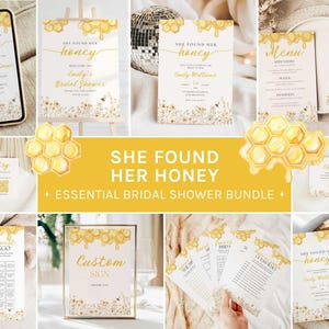 May include: A selection of bridal shower stationery with a honeybee theme. The set includes invitations, menus, a registry card, bingo game, and a custom sign. The designs feature a yellow and gold colour scheme with floral and honeycomb accents.