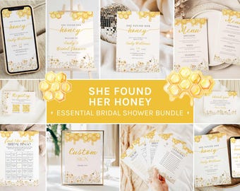 She Found Her Honey Bridal Shower Essentials Bundle, Bride to Bee Theme, Bachelorette Games, Editable in Canva