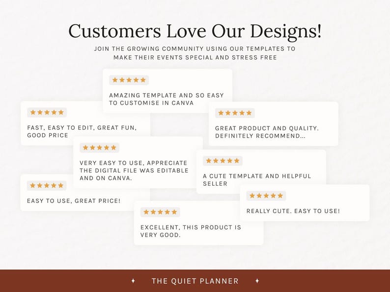 May include: Image featuring customer reviews for digital templates. Text reads "Customers Love Our Designs!" with multiple five-star reviews praising ease of use, quality, and helpfulness. The Quiet Planner logo is at the bottom.