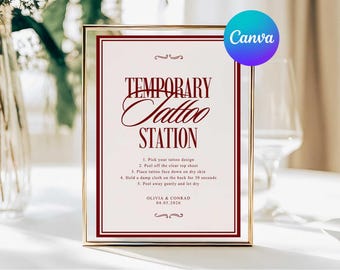 Old Money Tattoo Station Wedding Sign, Temporary Tattoo Station Favour Sign, Retro Wedding Tattoo Bar Sign, Editable in Canva