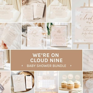 May include: A collection of baby shower decorations with a cloud and script theme. The bundle includes invitations, signs, cupcake toppers, and a calendar. The color palette is soft beige and white, with gold accents. The text "We're on Cloud Nine" is featured prominently.