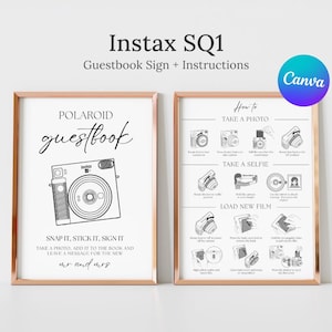 May include: Two framed prints with rose gold borders. The left print says "Polaroid Guestbook" with a camera illustration and instructions. The right print has photo-taking instructions. The prints are for a guestbook.