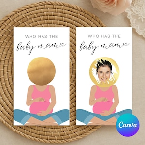 Juego de baby shower editable "Quién tiene a la mamá", juego de raspadito para encontrar a la mamá, juego de baby shower, juego de raspadito para encontrar a la mamá de famosos (Canva)
