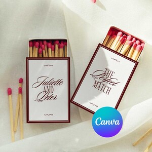 May include: Two rectangular matchboxes with white covers and dark red borders. One box features the text Juliette AND Peter, and the other features The Perfect Match. Both boxes are filled with wooden matches that have bright pink tips.